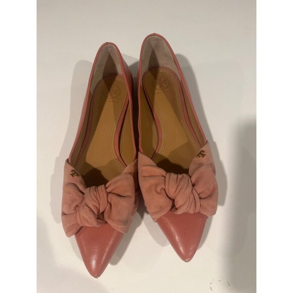 Tory Burch Womens Pink Pointed Toe Flats With Suede Bow Accent Size 8 - Picture 2 of 6
